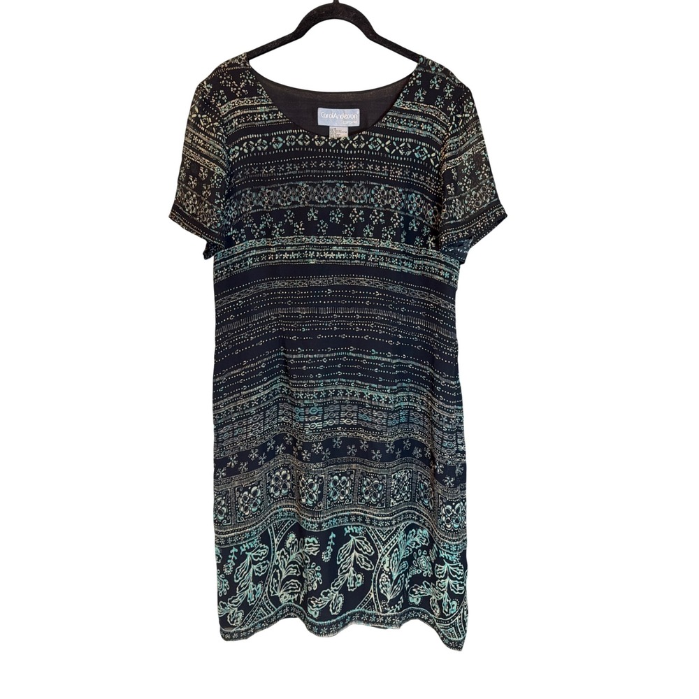 Carol Anderson California Silk Shift Dress Black Teal Geometric Floral Print 14